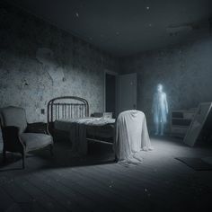 Black and white illustration of a quiet room with suspended lights.